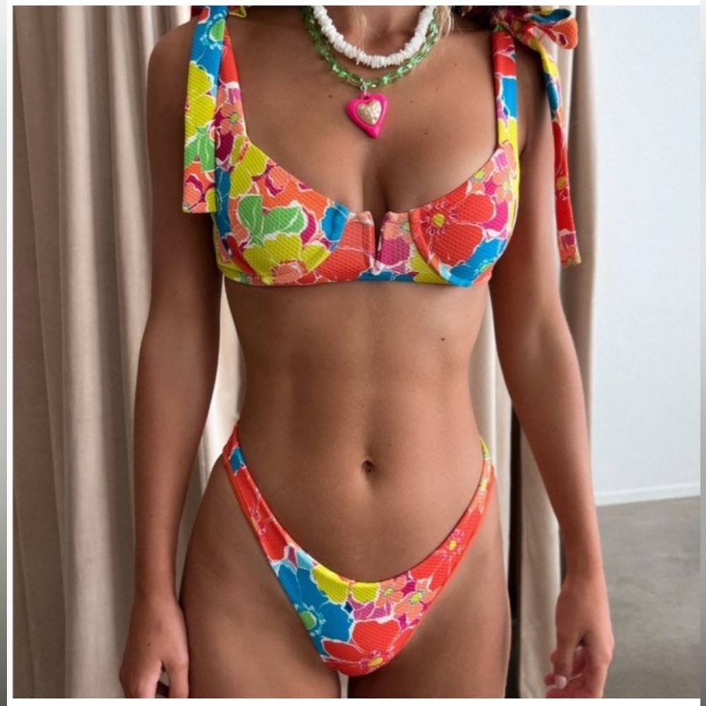 Beach Riot Blair Set Neon Blooms Waffle Bikini Top and Bottom
